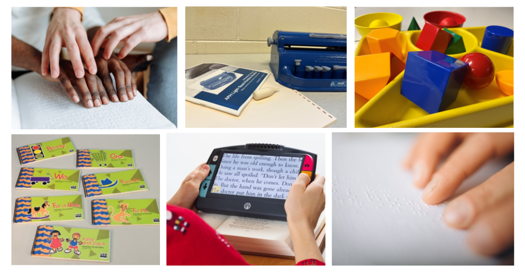 A collage of photos showing a teacher guiding a student in reading braille using hand over hand technique, Perkins braille writer with braille paper, braille writer manual and a braille eraser, three dimensional shapes in yellow, blue, green and red, Building on Patterns textbooks set, a learner reading from a Juno unit, and hands reading braille.